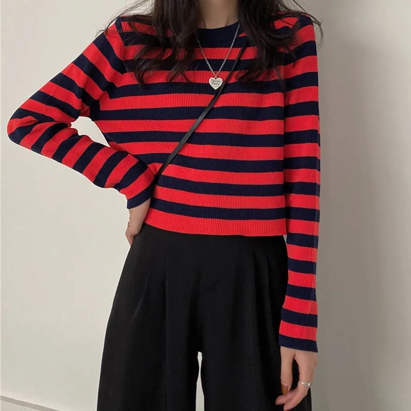 Wenkouban PEONFLY Korean Striped Sweater Women Fashion Basic Casual 2022 Autumn Female Kintted Pullovers Long Sleeve College Wind Jumper