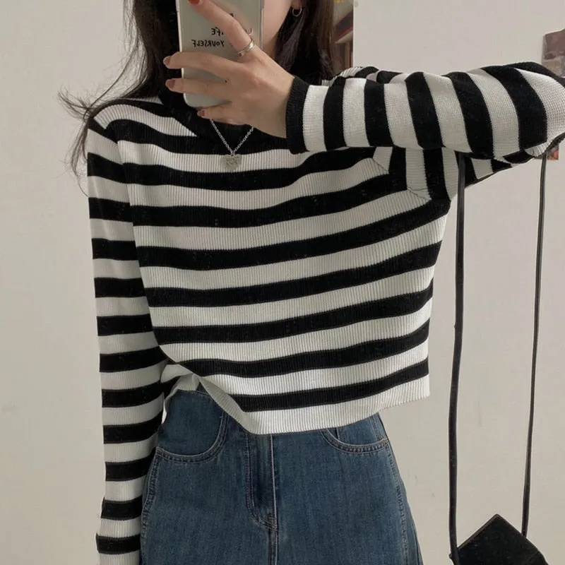 Wenkouban PEONFLY Korean Striped Sweater Women Fashion Basic Casual 2022 Autumn Female Kintted Pullovers Long Sleeve College Wind Jumper