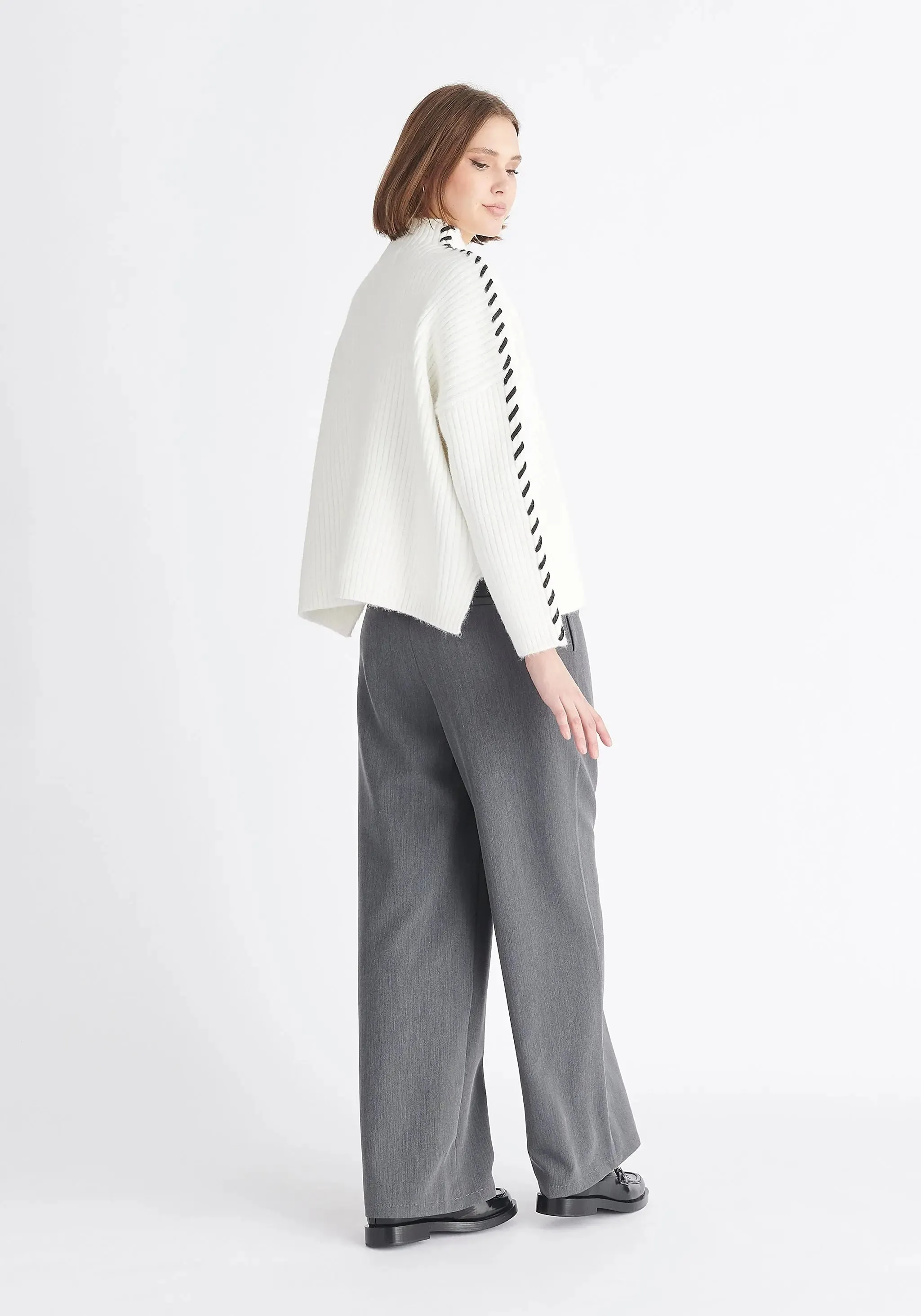 White and Black Contrast Whipstitch Jumper