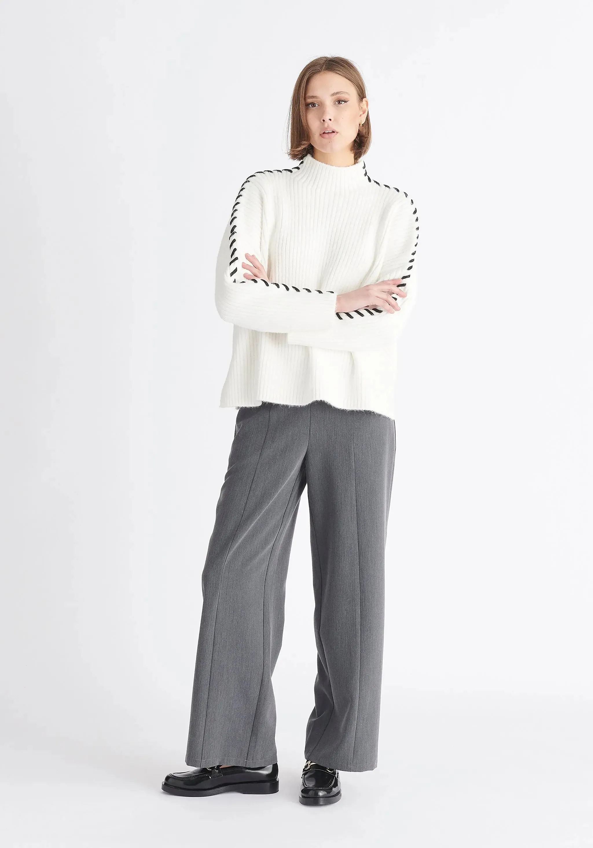 White and Black Contrast Whipstitch Jumper