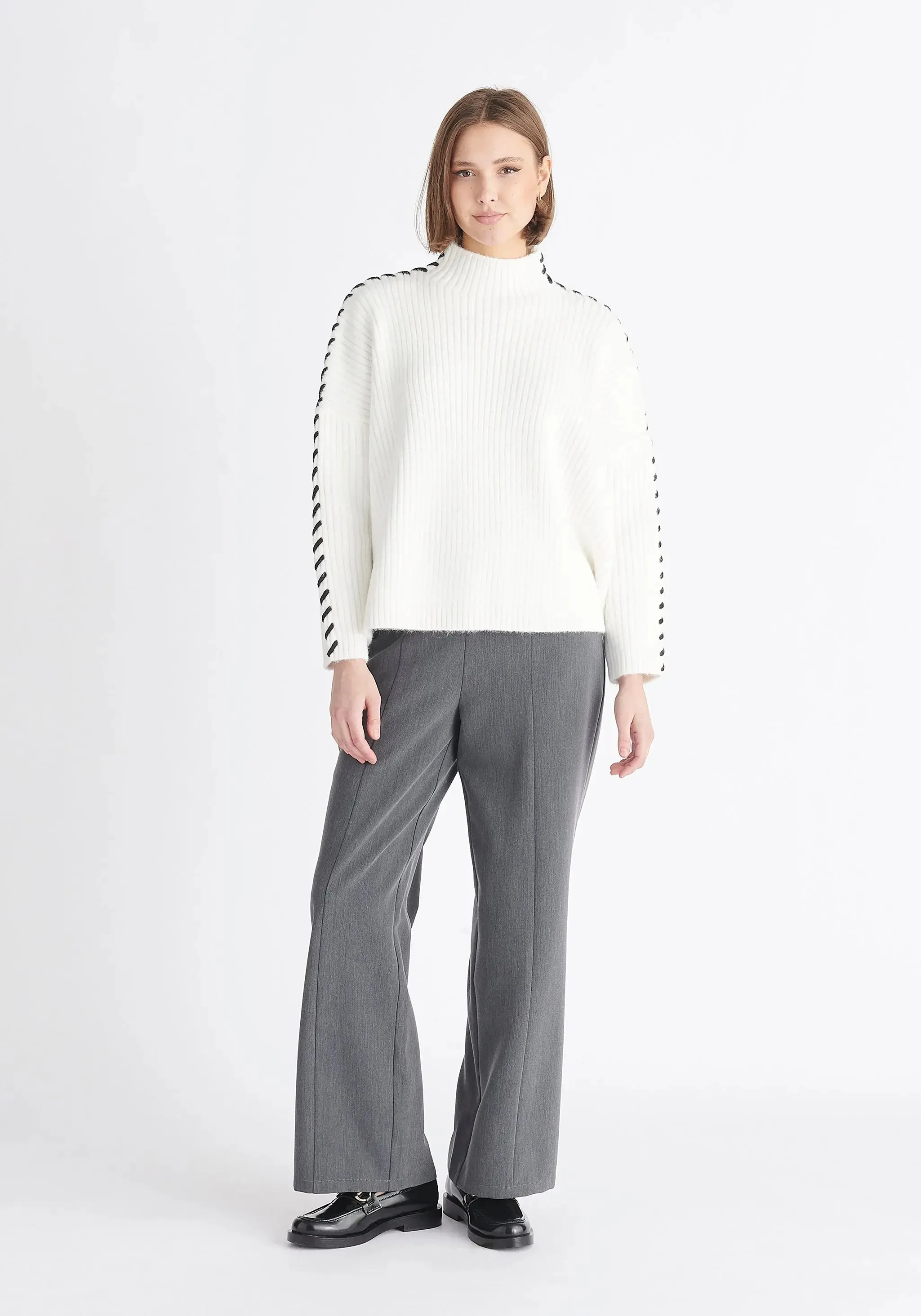 White and Black Contrast Whipstitch Jumper