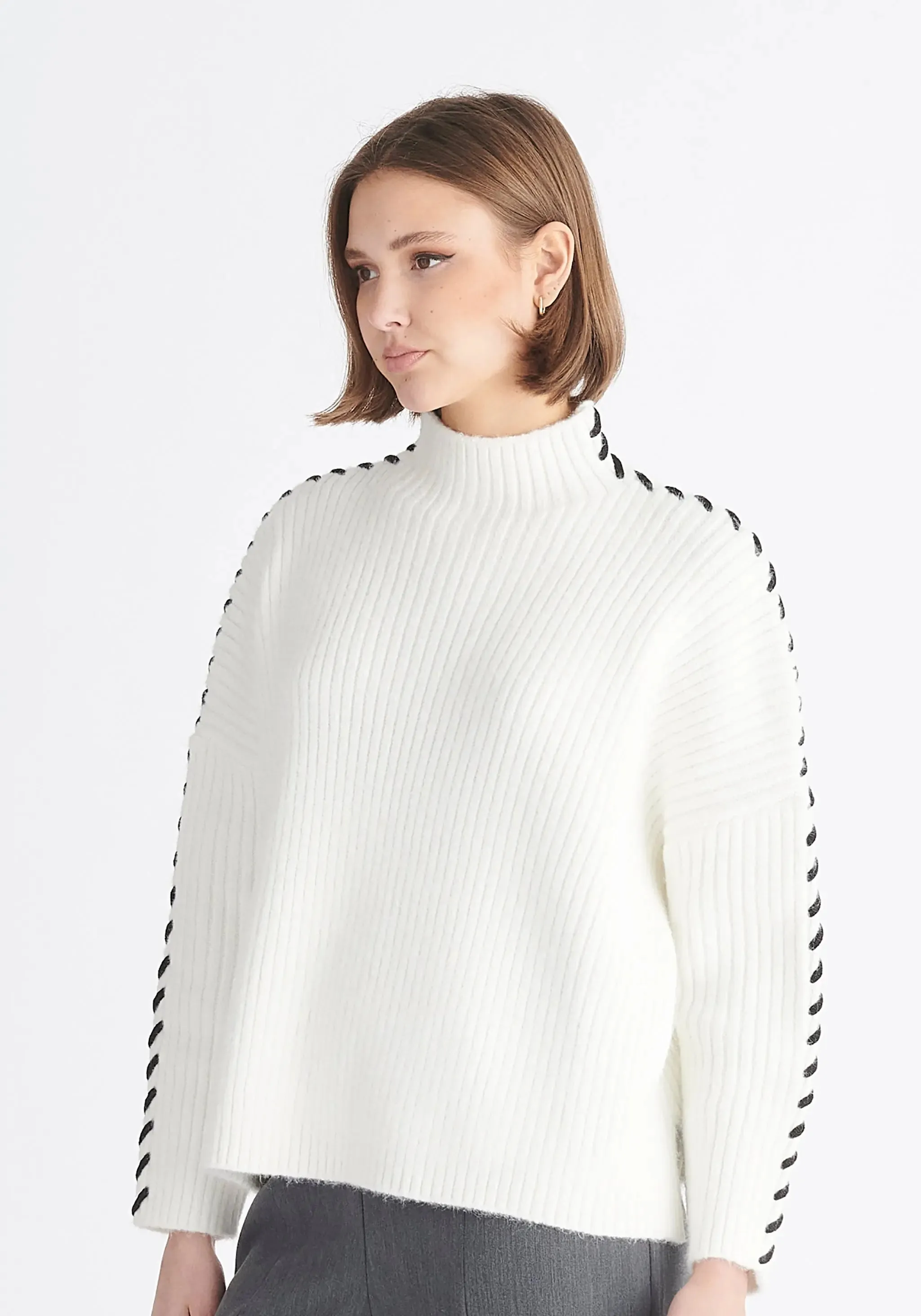 White and Black Contrast Whipstitch Jumper