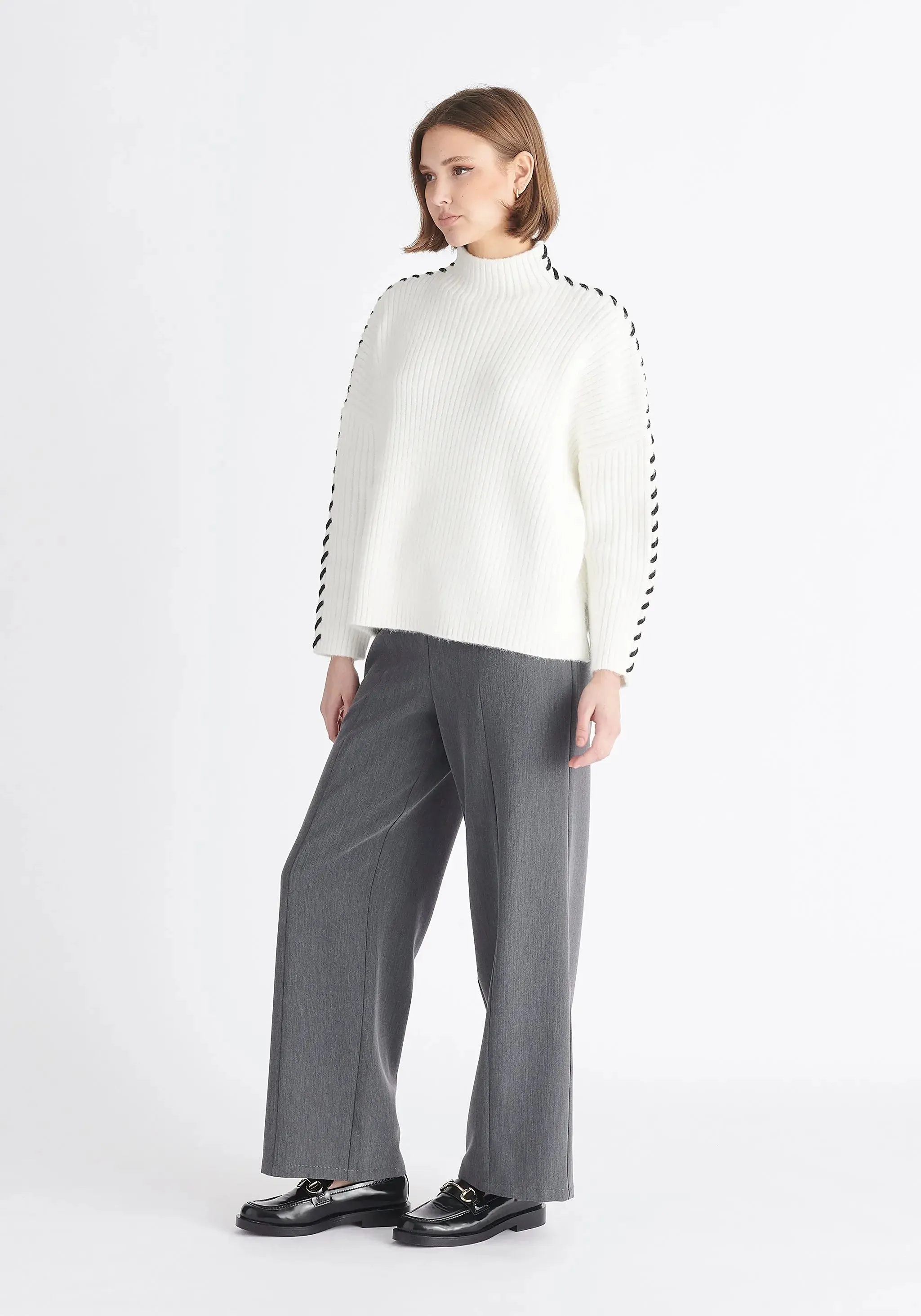 White and Black Contrast Whipstitch Jumper