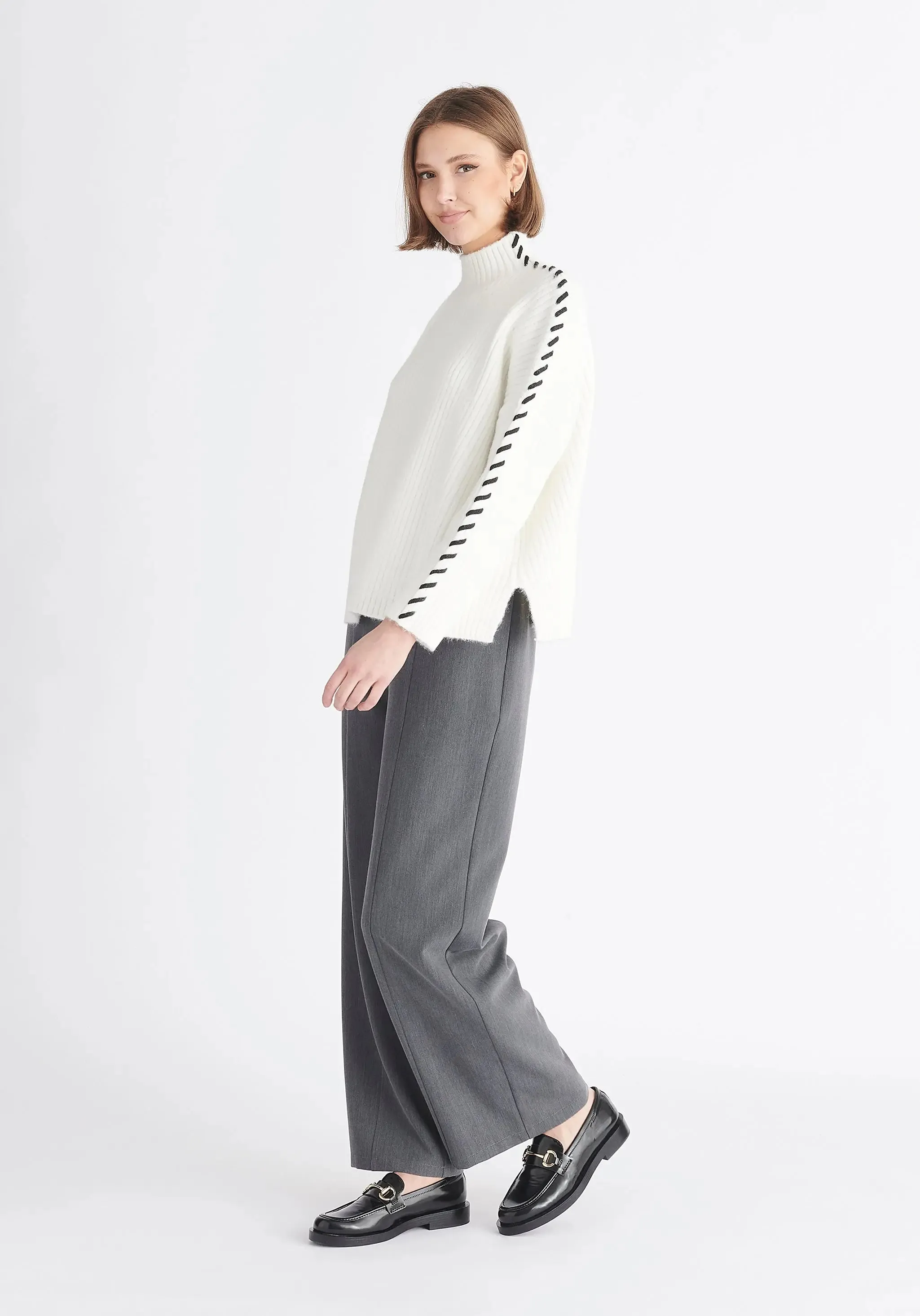 White and Black Contrast Whipstitch Jumper