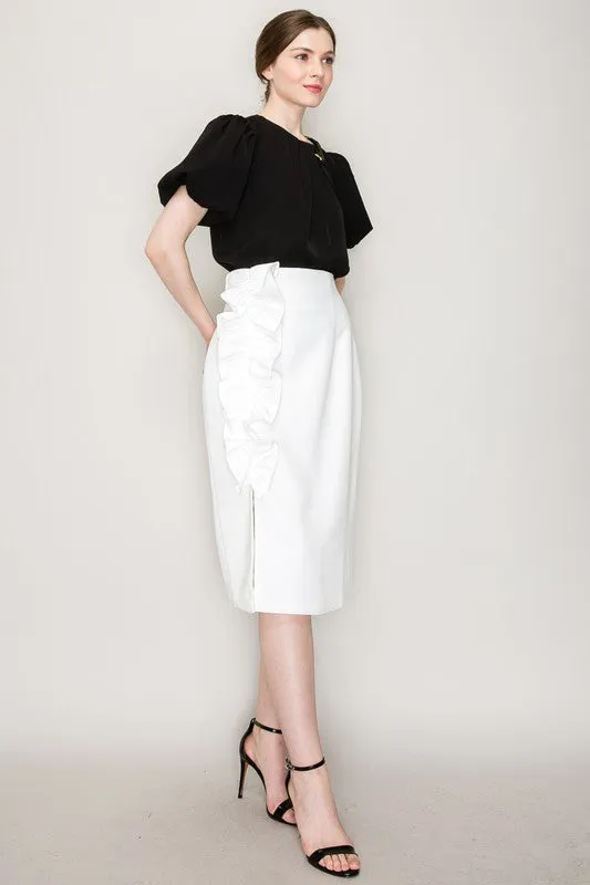 White High Waist Asymmetric Frill Midi Skirt