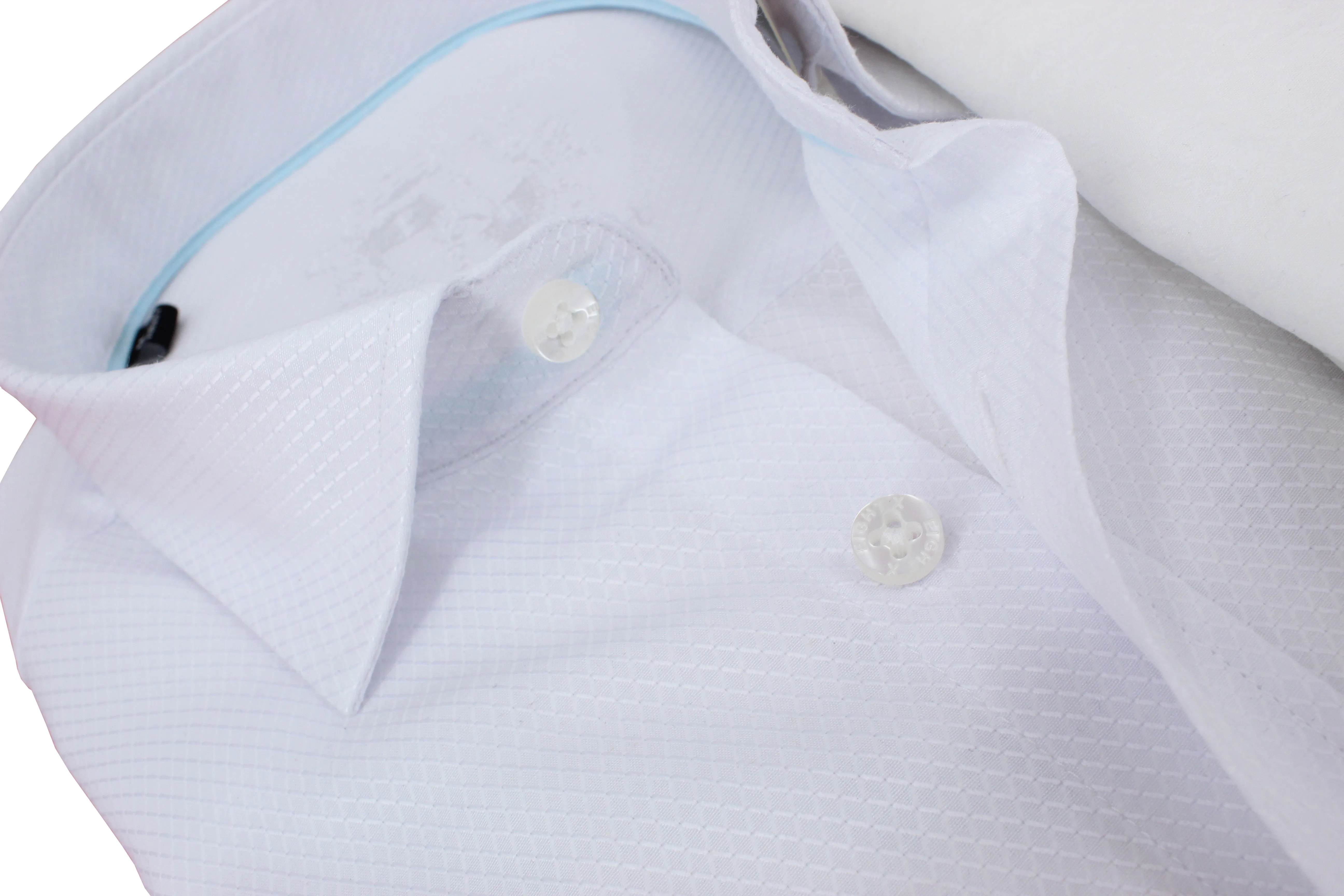 White Jacquard Shirt With Aqua Trim