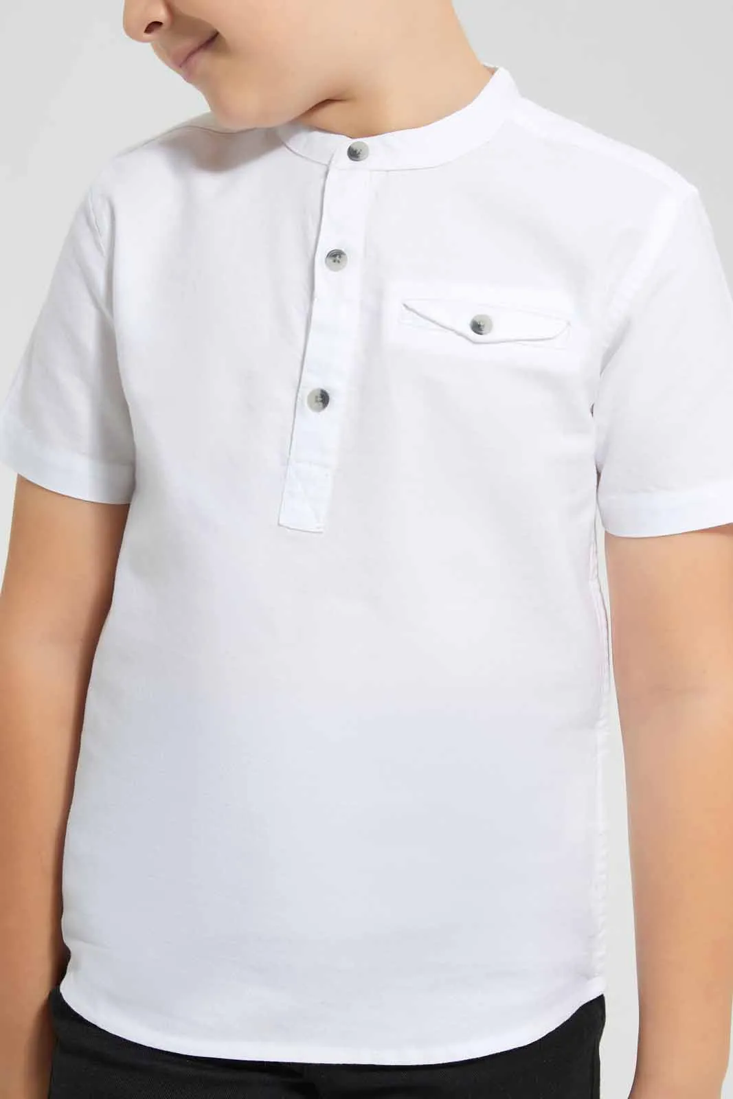 White Oxford Henley Collar Casual Shirt