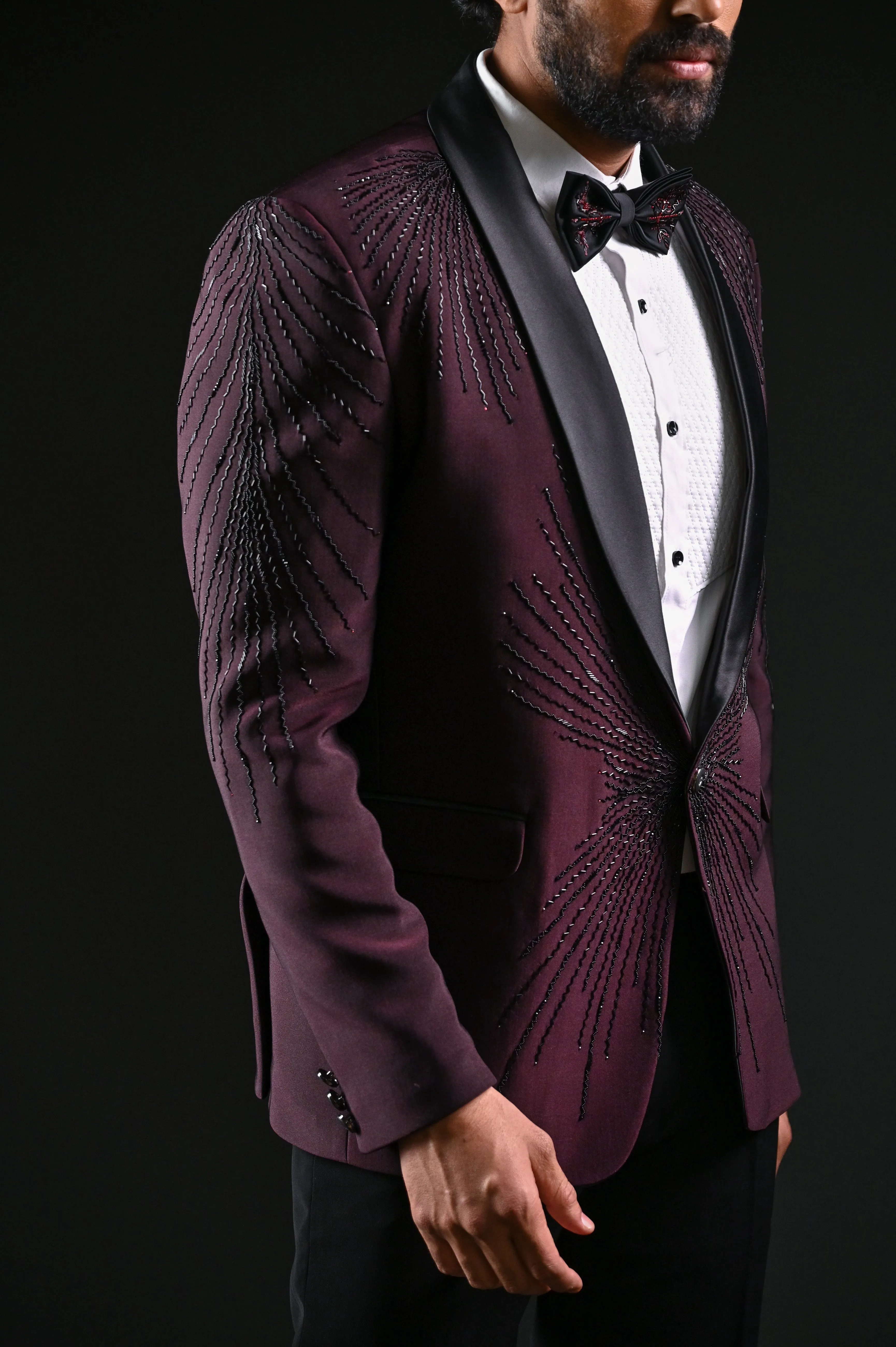 Wine Cutdana Work Wedding Tuxedo Suits for Men