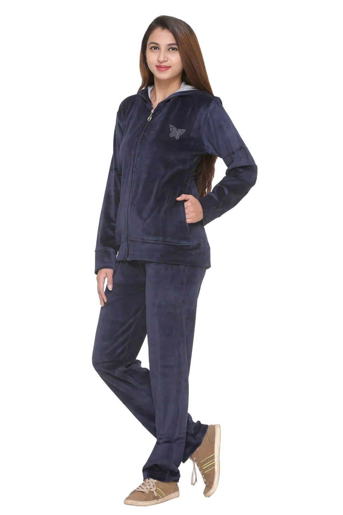 Winter Cotton Velvet Tracksuit For Women - Navy Blue