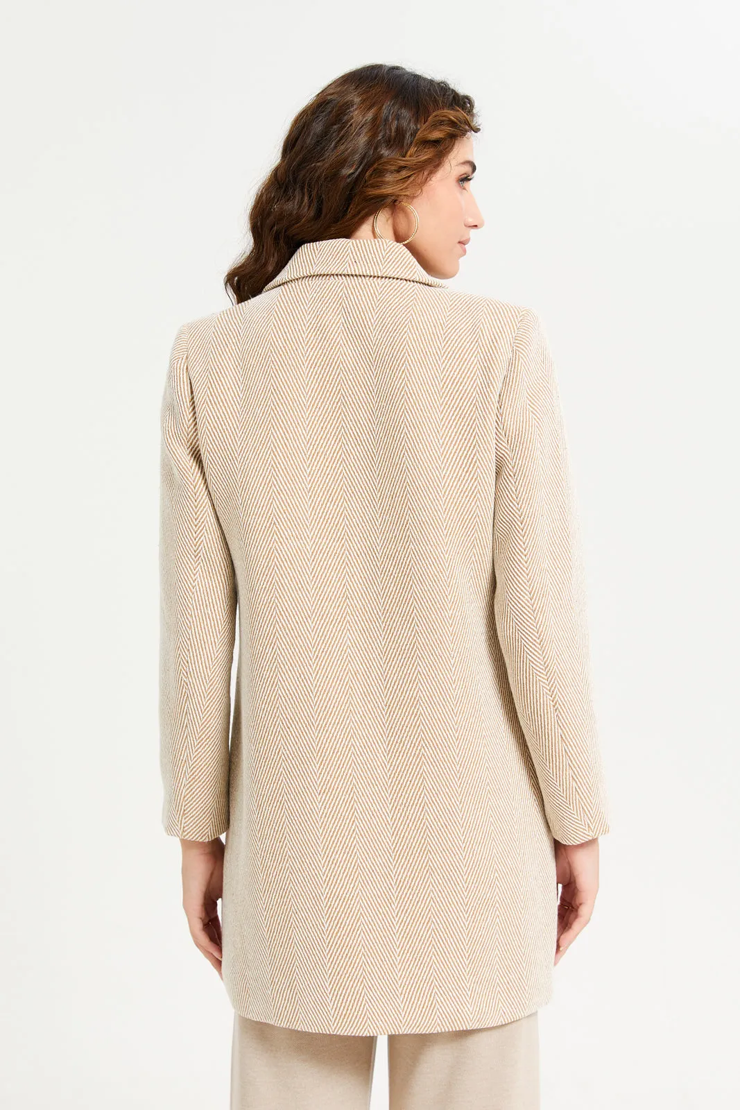 Women Beige Jacquard Long Coat