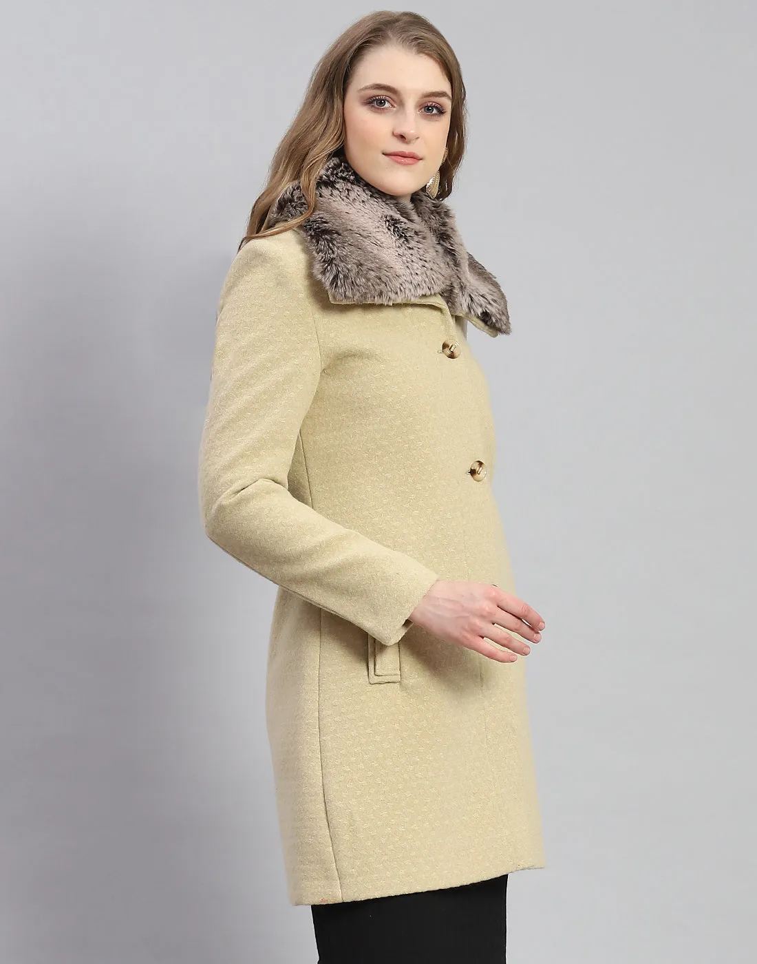 Women Beige Self Design Collar Full Sleeve Coat