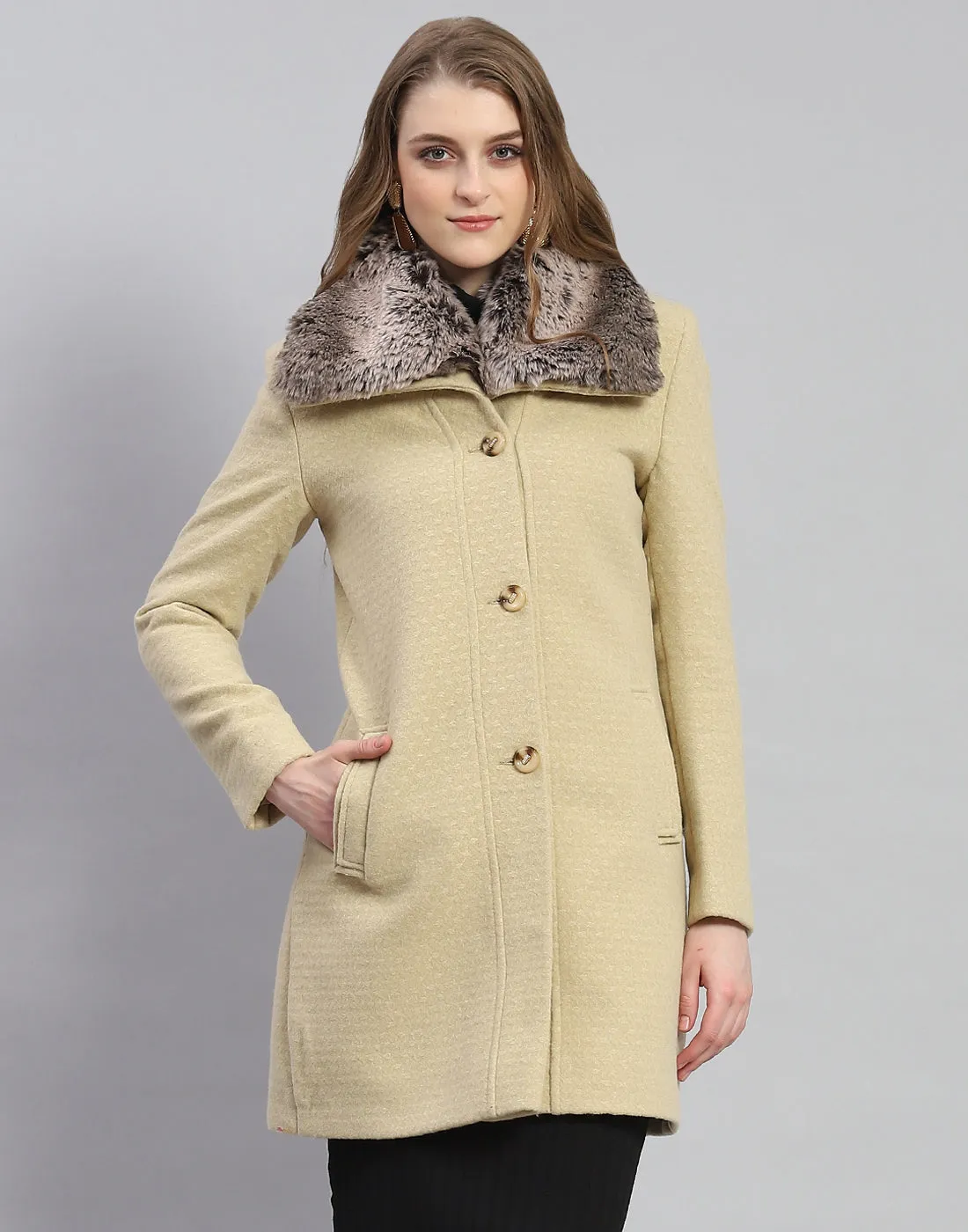 Women Beige Self Design Collar Full Sleeve Coat