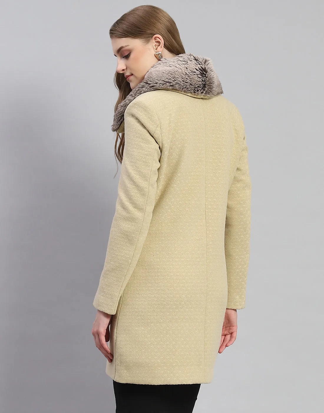 Women Beige Self Design Collar Full Sleeve Coat