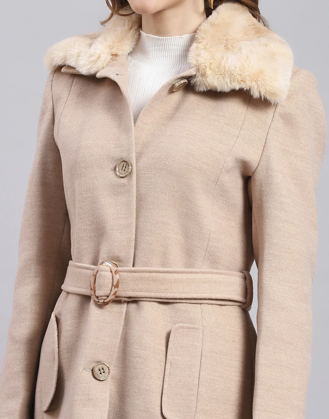 Women Beige Solid Collar Full Sleeve Coat