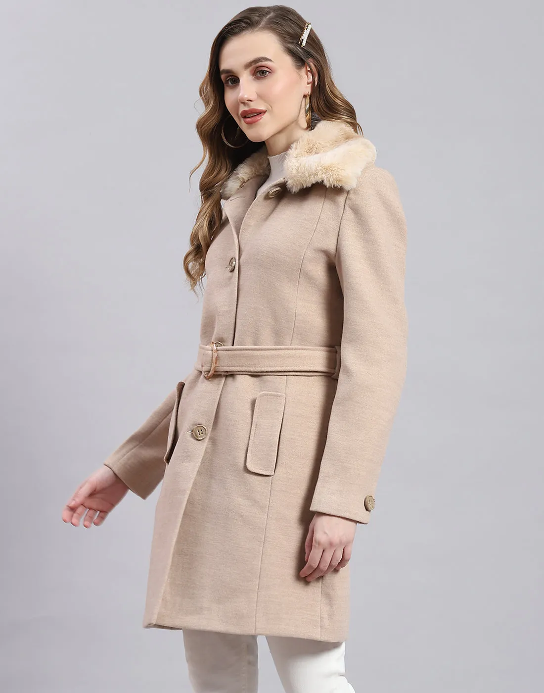 Women Beige Solid Collar Full Sleeve Coat