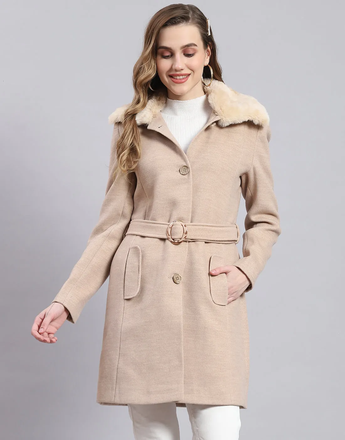 Women Beige Solid Collar Full Sleeve Coat