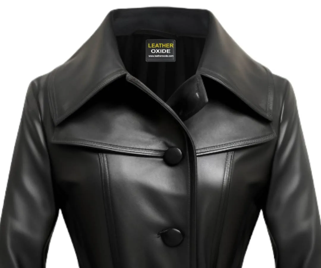 Women Black Real Long Leather Coat