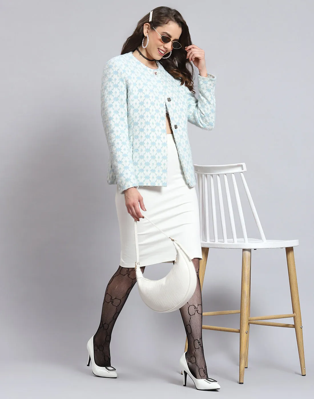 Women Blue Self Design Round Neck Full Sleeve Coat