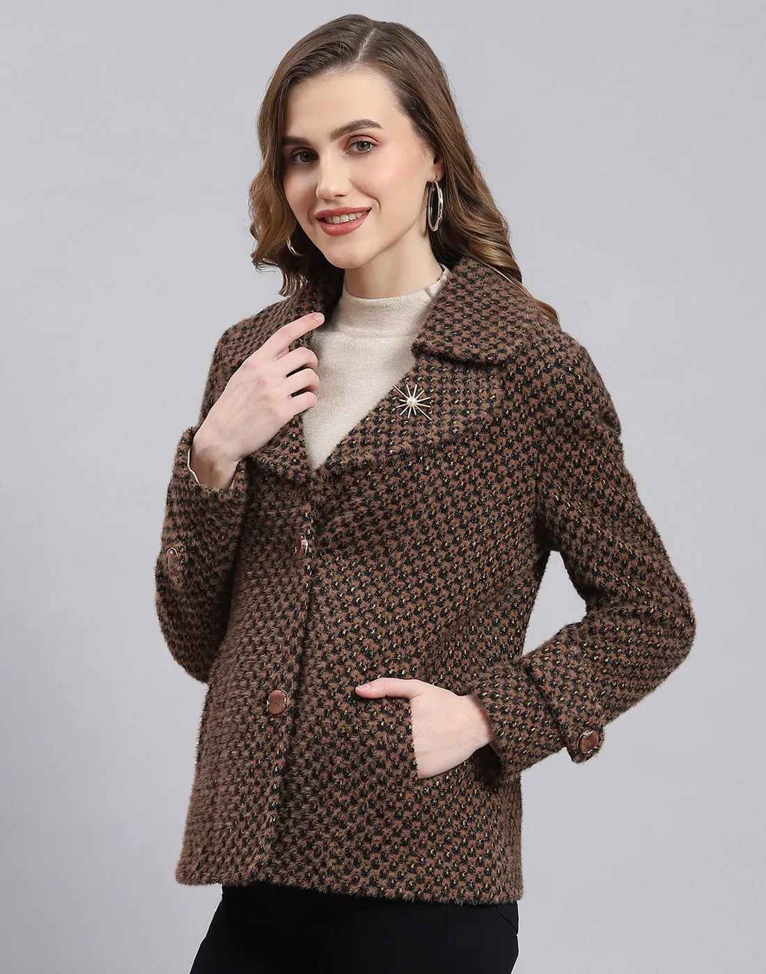 Women Brown Self Design Lapel Collar Full Sleeve Coat