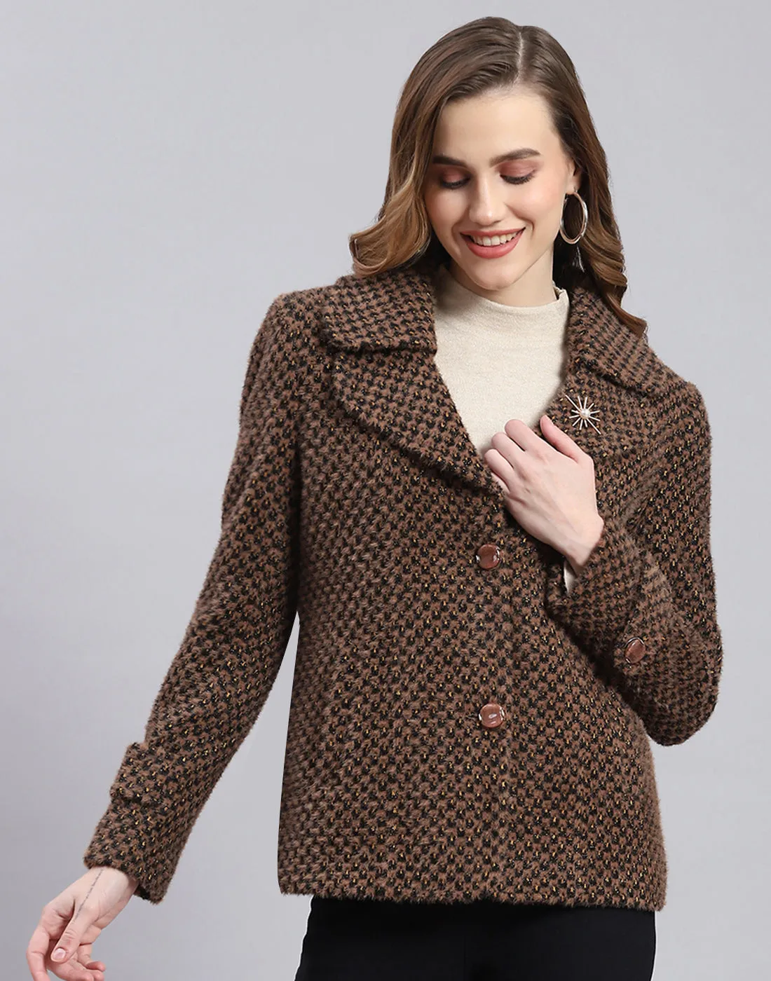 Women Brown Self Design Lapel Collar Full Sleeve Coat