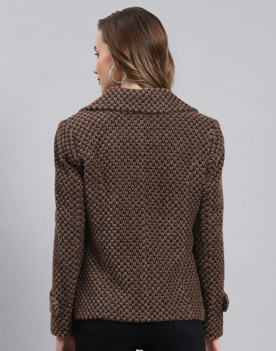 Women Brown Self Design Lapel Collar Full Sleeve Coat