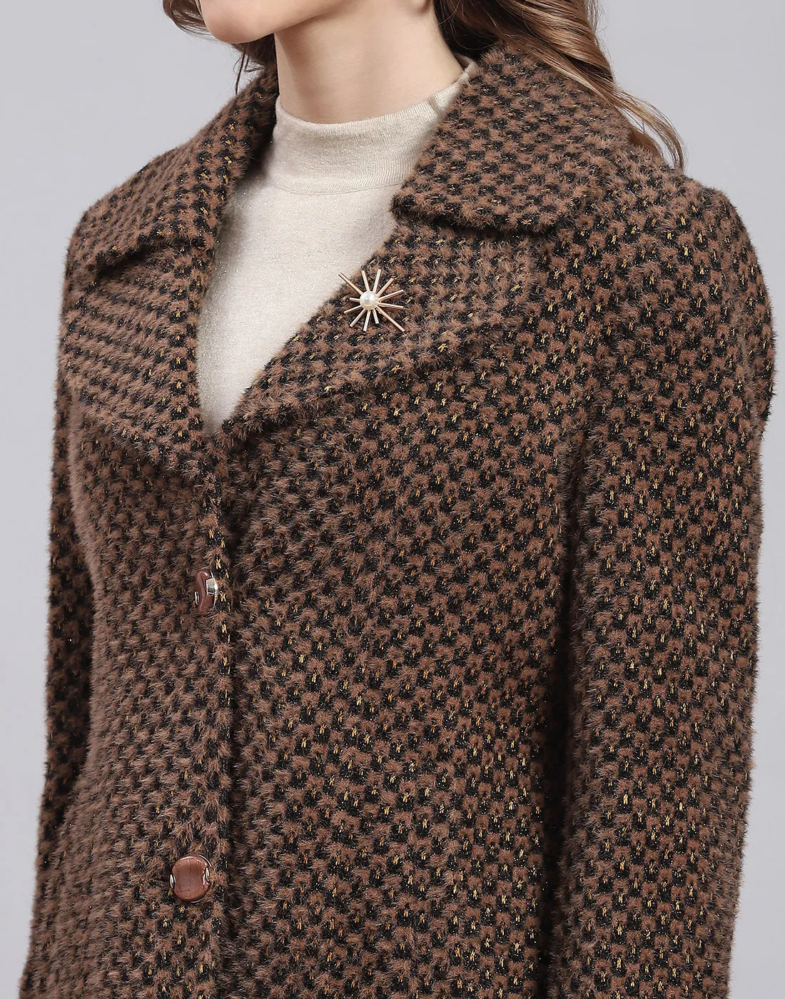 Women Brown Self Design Lapel Collar Full Sleeve Coat