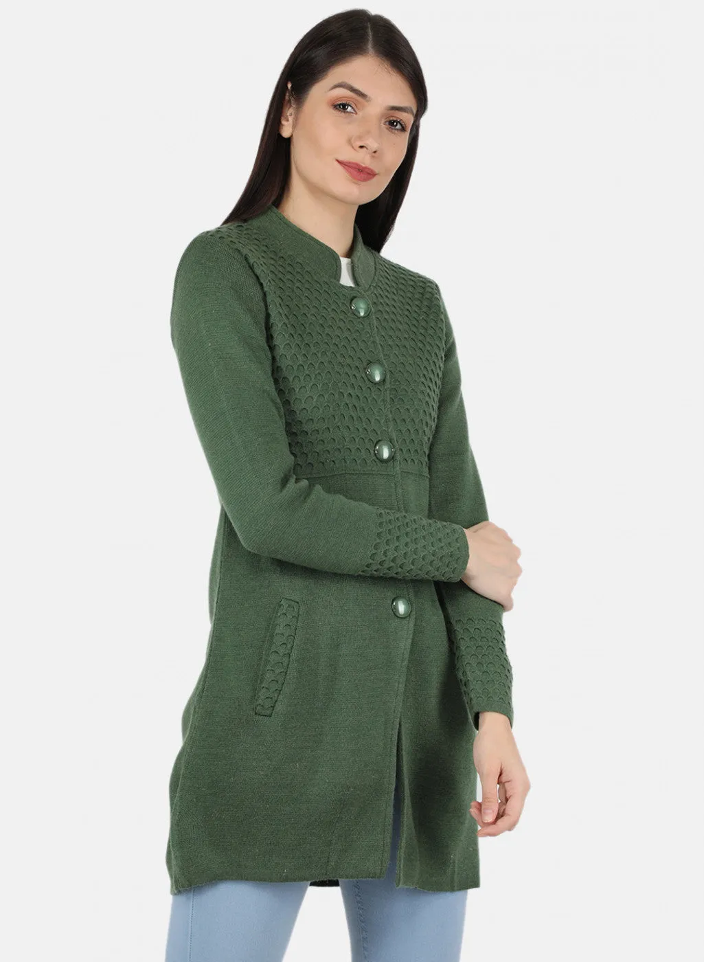 Women Green Self Design Coat