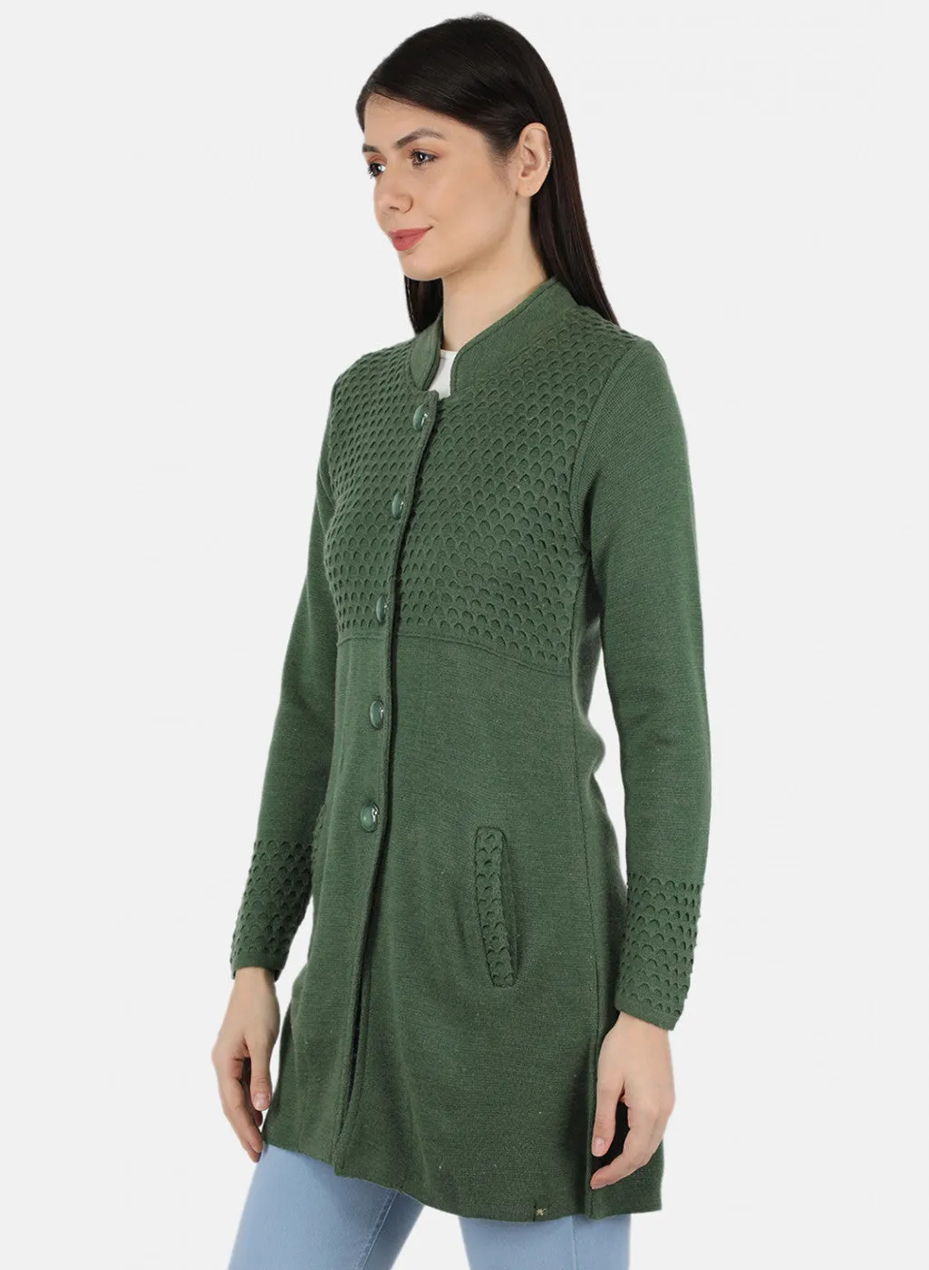 Women Green Self Design Coat