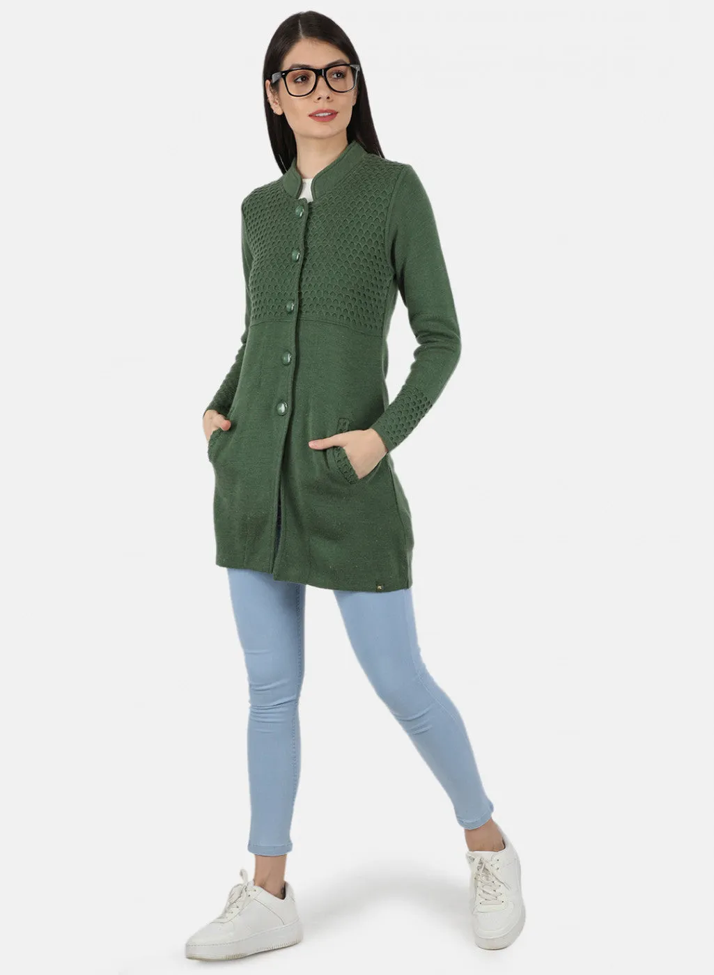 Women Green Self Design Coat