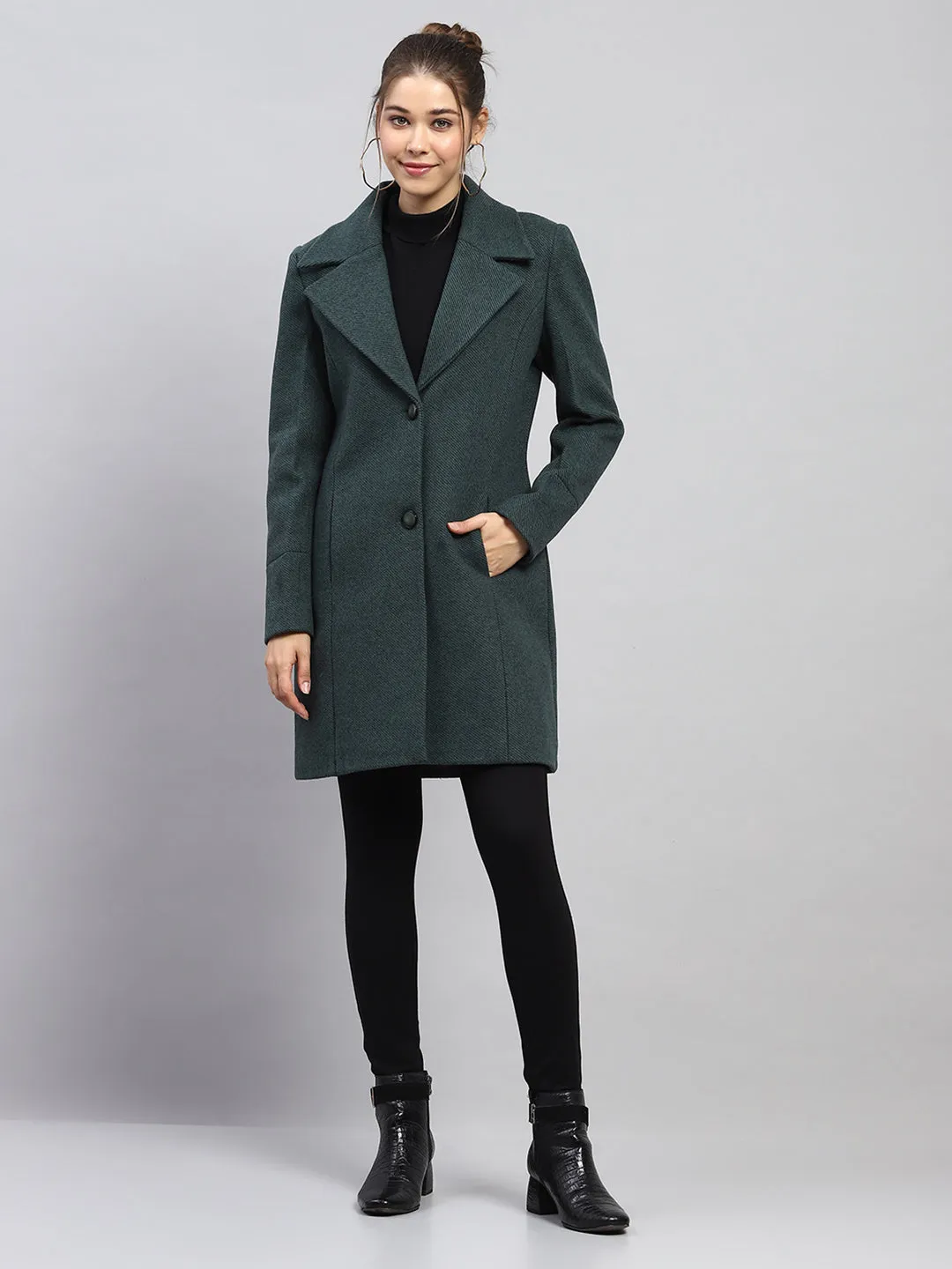 Women Green Self Design Notch lapel Collar Full Sleeve Coat