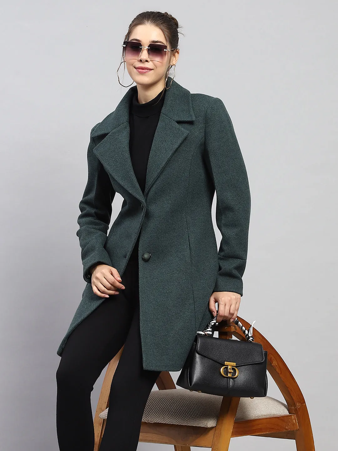 Women Green Self Design Notch lapel Collar Full Sleeve Coat