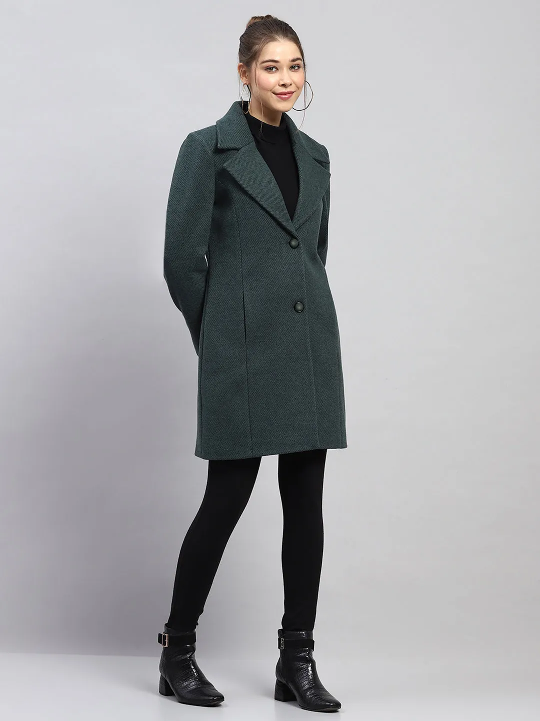 Women Green Self Design Notch lapel Collar Full Sleeve Coat