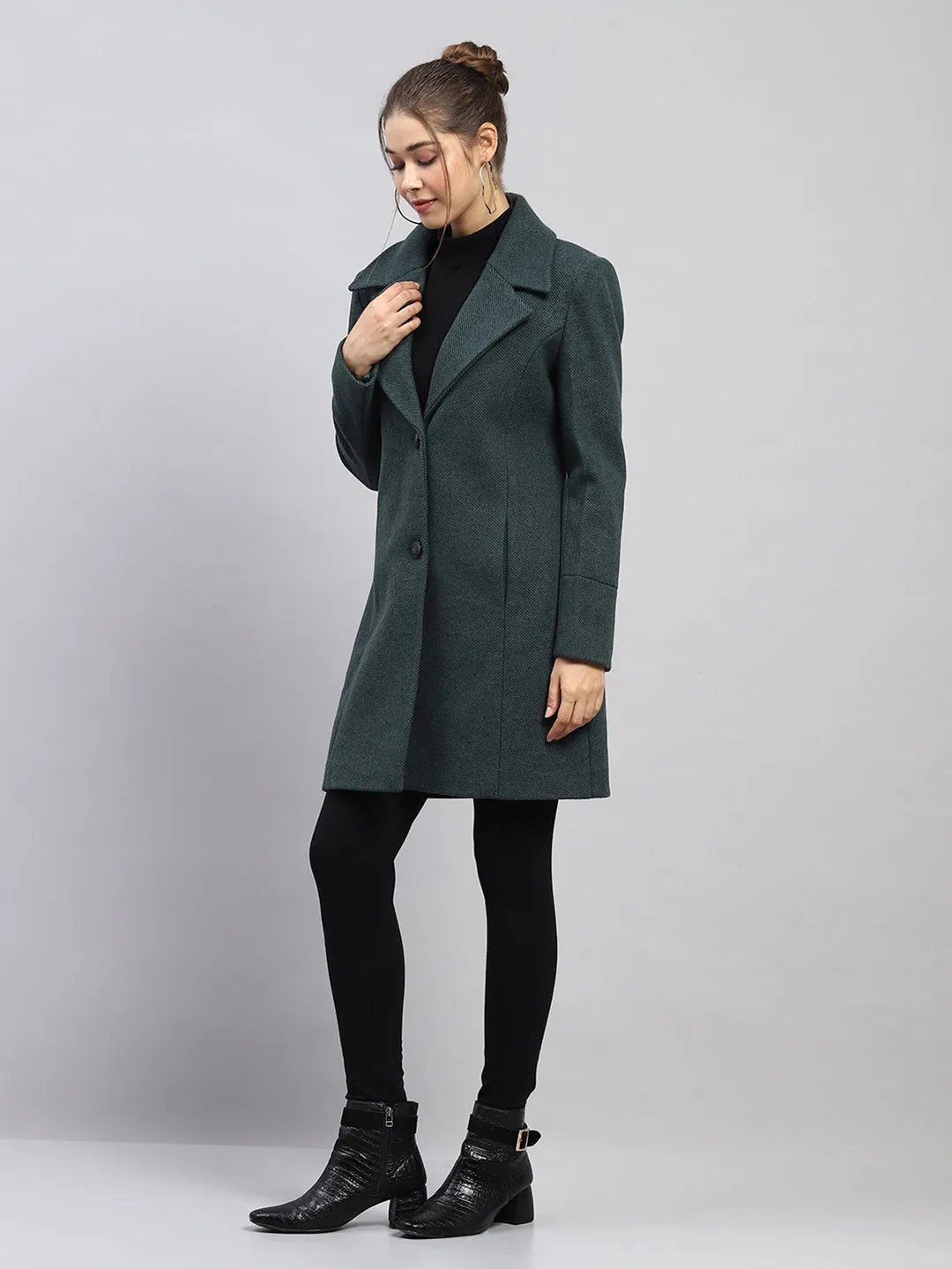 Women Green Self Design Notch lapel Collar Full Sleeve Coat