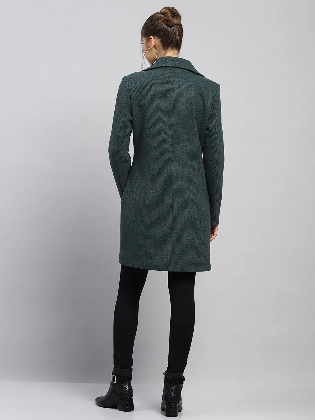 Women Green Self Design Notch lapel Collar Full Sleeve Coat