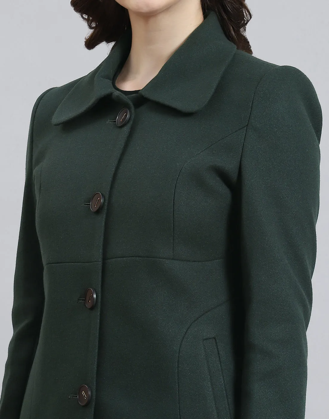 Women Green Solid Collar Full Sleeve Coat