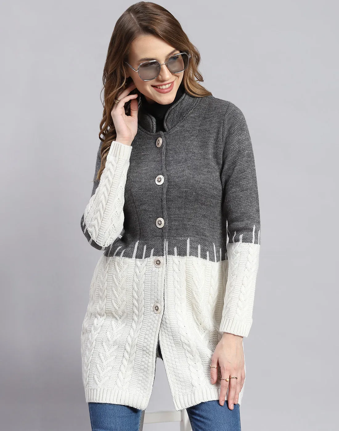 Women Grey Self Design Round Neck Full Sleeve Coats