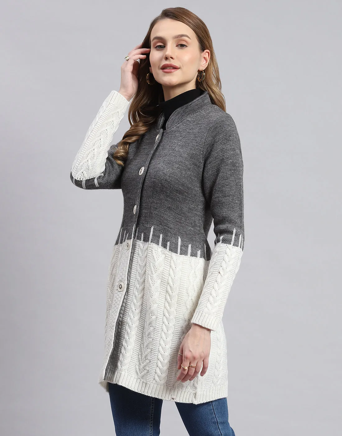 Women Grey Self Design Round Neck Full Sleeve Coats