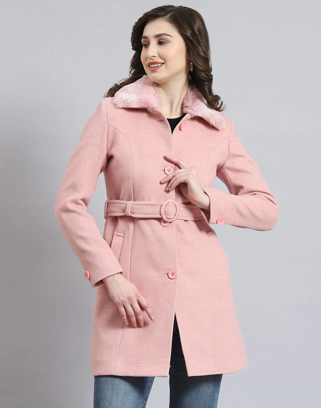 Women Pink Solid Collar Full Sleeve Coat