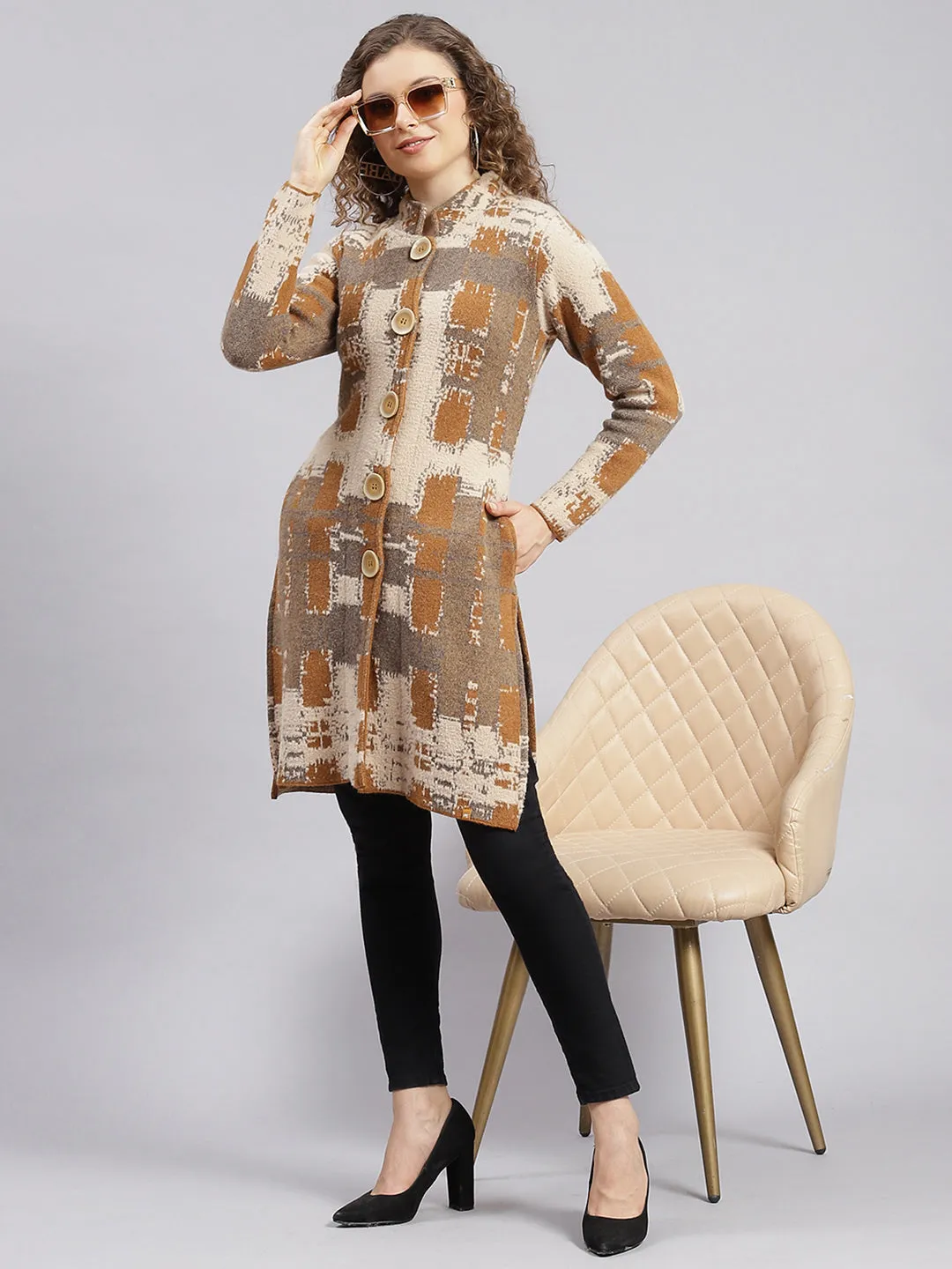 Women Rust Orange Jaquard Wool blend Knitted Coat