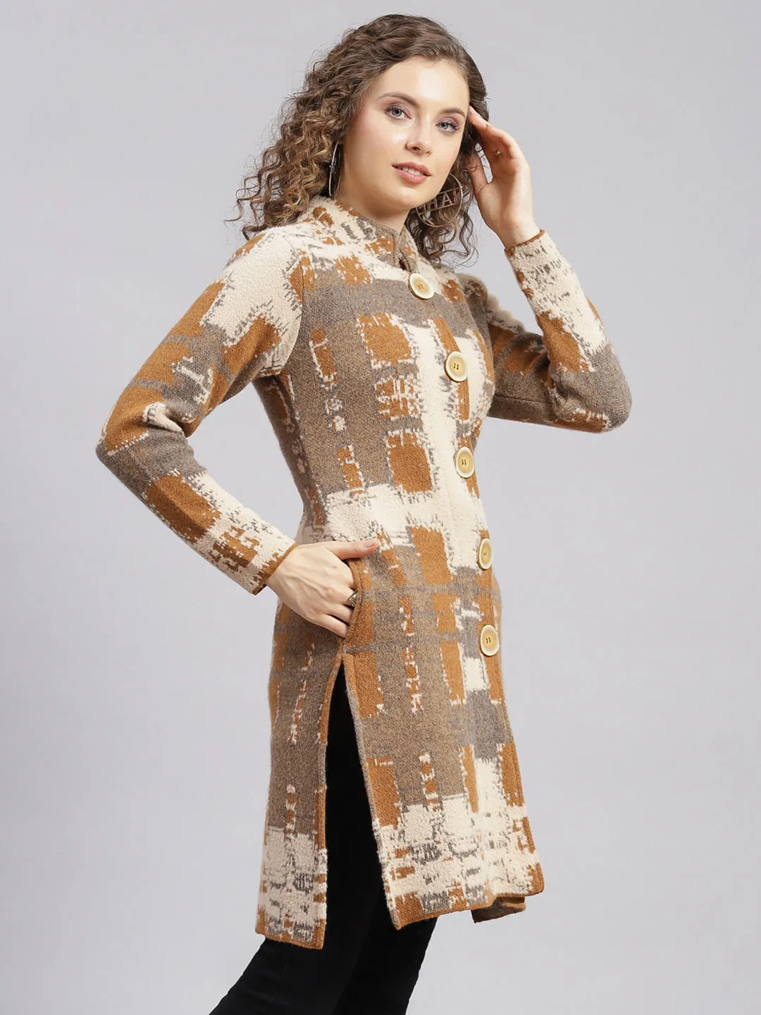 Women Rust Orange Jaquard Wool blend Knitted Coat