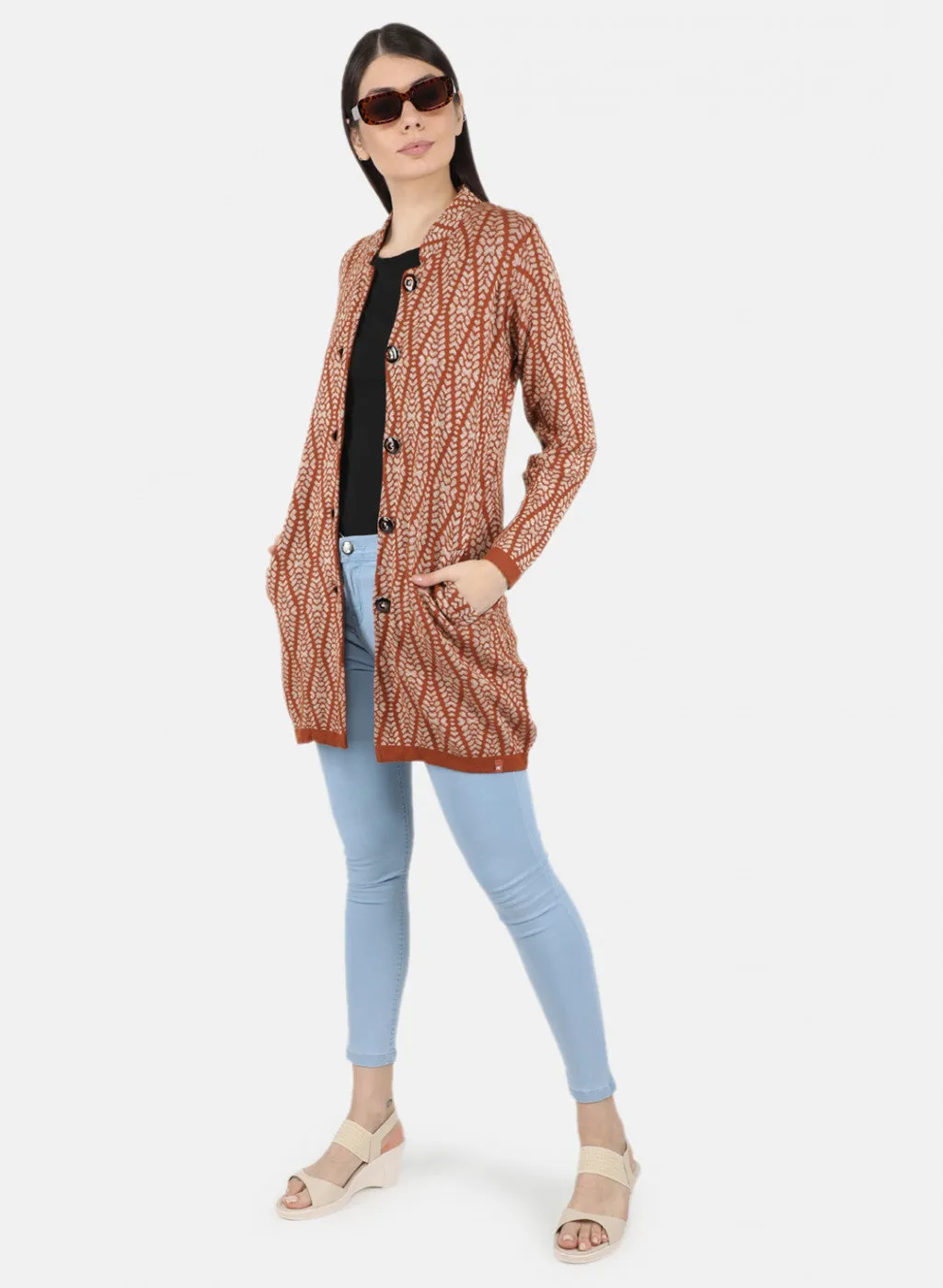 Women Rust Orange Self Design Coat