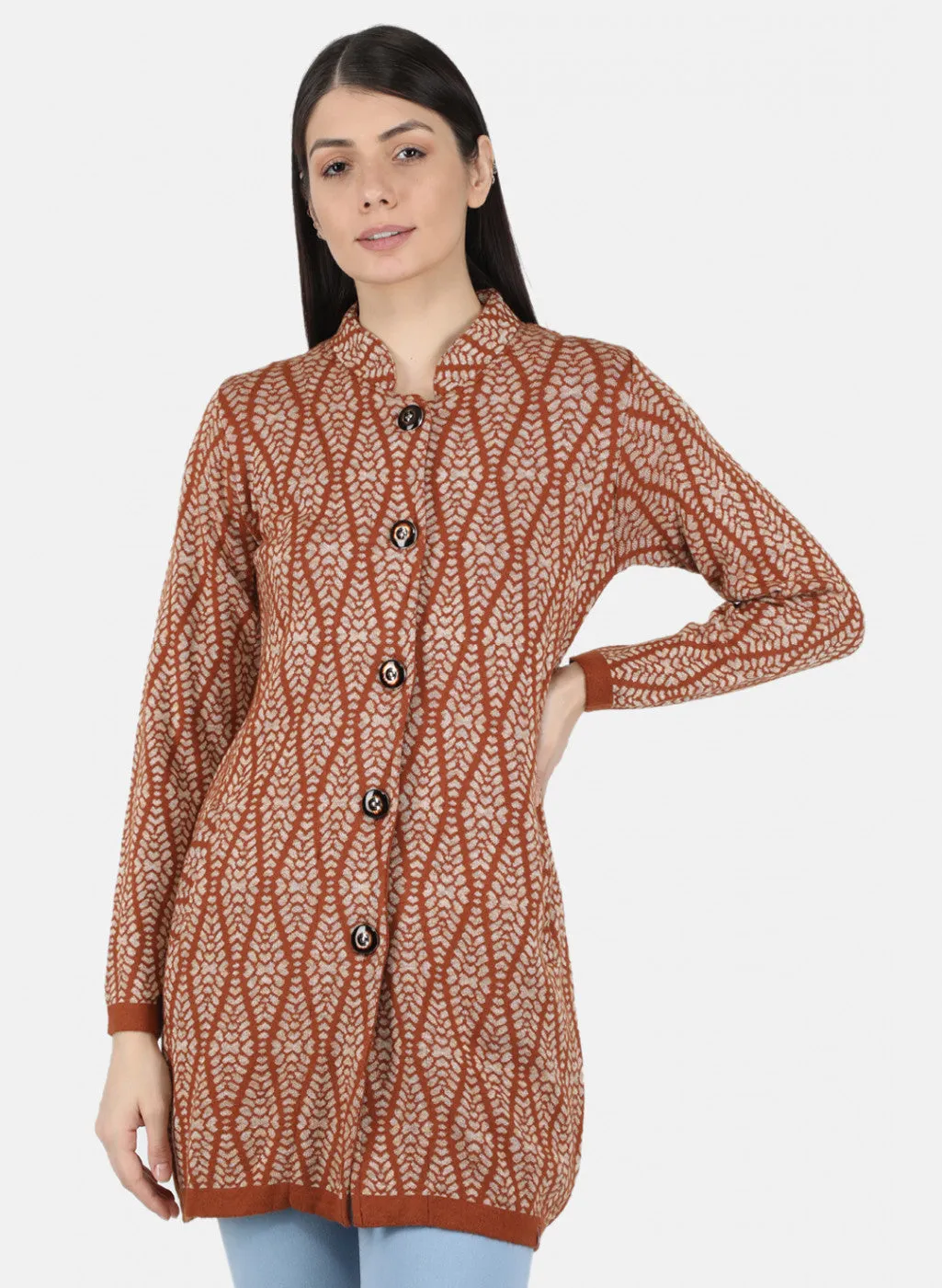 Women Rust Orange Self Design Coat