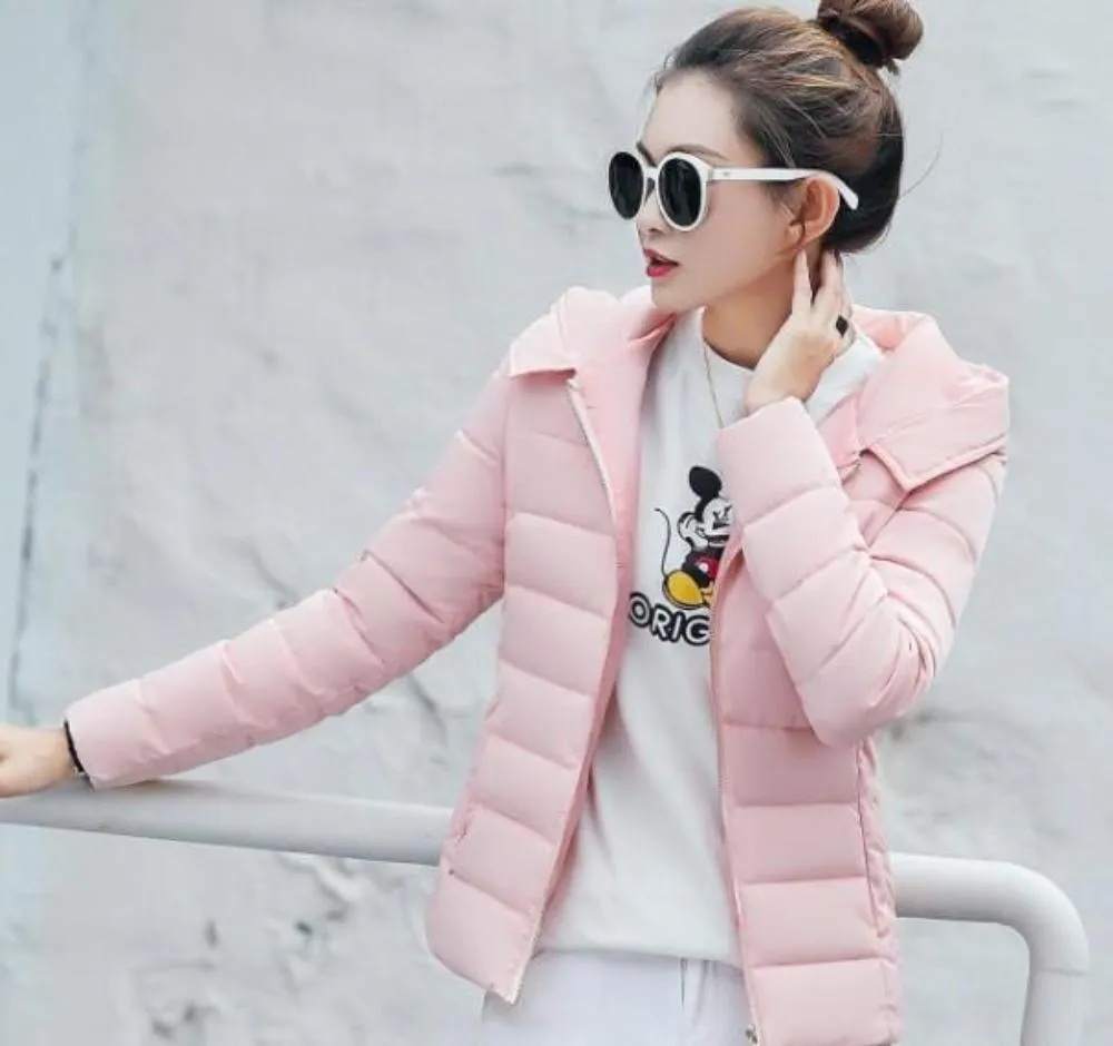 Womens  Hooded Slim Fit Winter Zip Up Short Coat in Pink