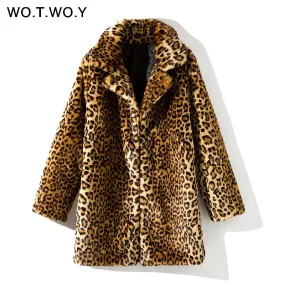 WOTWOY Thicken Leopard Jacket Women Mid-Long Winter Faux Fur Coat Women Slim Casual Luipaard Fur Jackets Female Harajuku 2018