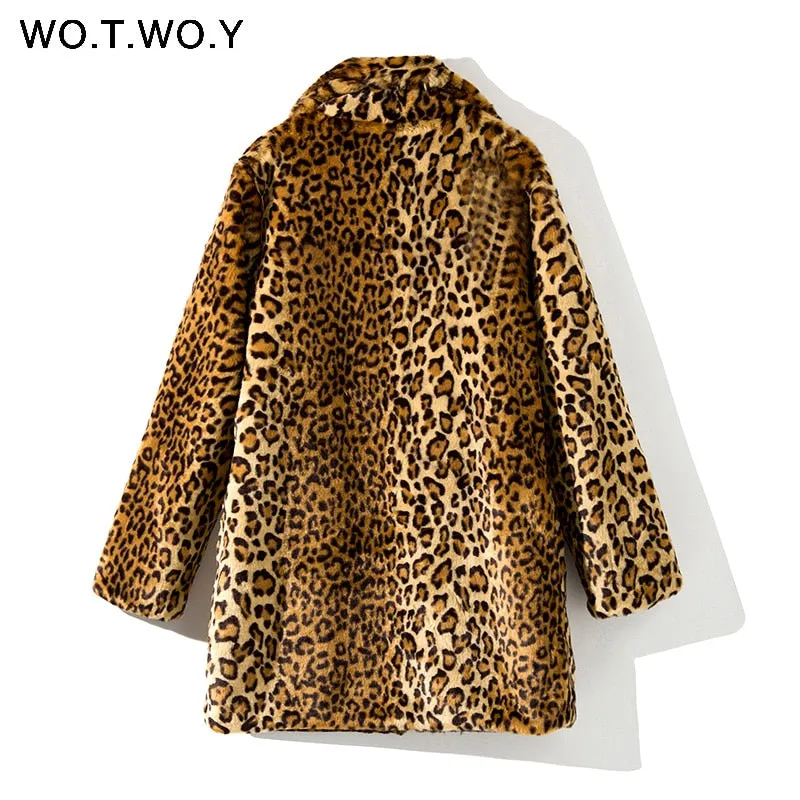 WOTWOY Thicken Leopard Jacket Women Mid-Long Winter Faux Fur Coat Women Slim Casual Luipaard Fur Jackets Female Harajuku 2018