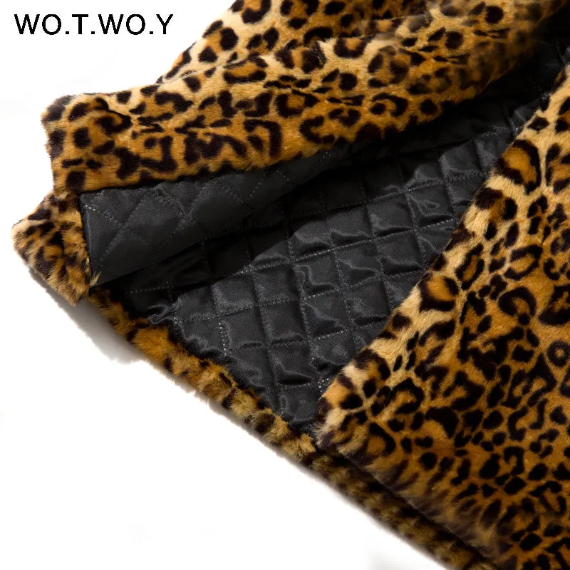 WOTWOY Thicken Leopard Jacket Women Mid-Long Winter Faux Fur Coat Women Slim Casual Luipaard Fur Jackets Female Harajuku 2018