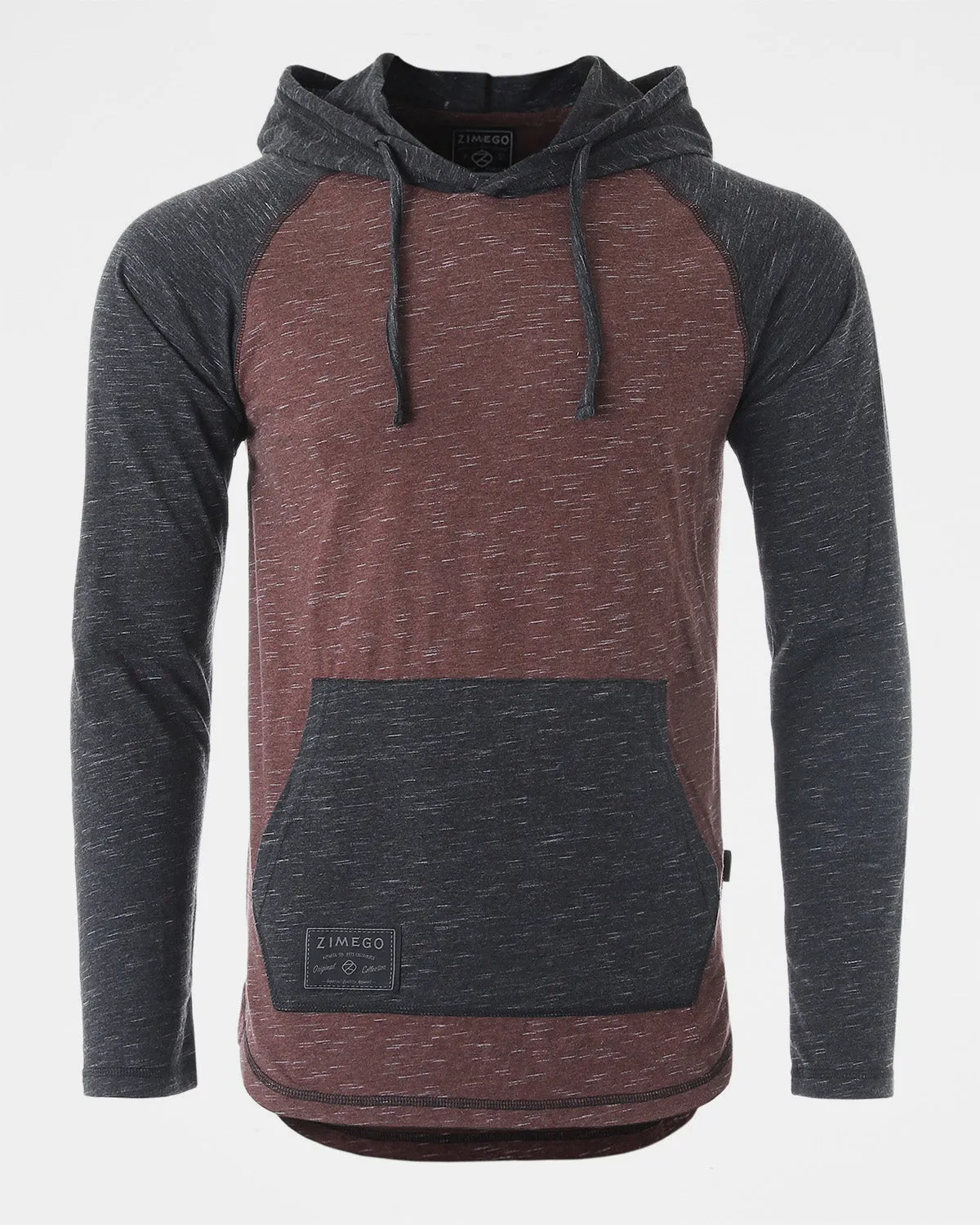 ZIMEGO Long Sleeve Raglan Henley Round Bottom Hood T-Shirts - MAROON / BLACK