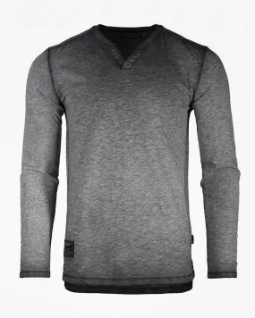 ZIMEGO Mens Long Sleeve V-Neck Henley Oil Wash Contrast Seam Vintage Shirt - Charcoal