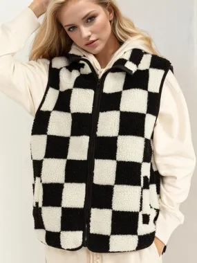 Zip Up Checkered Vest Coat